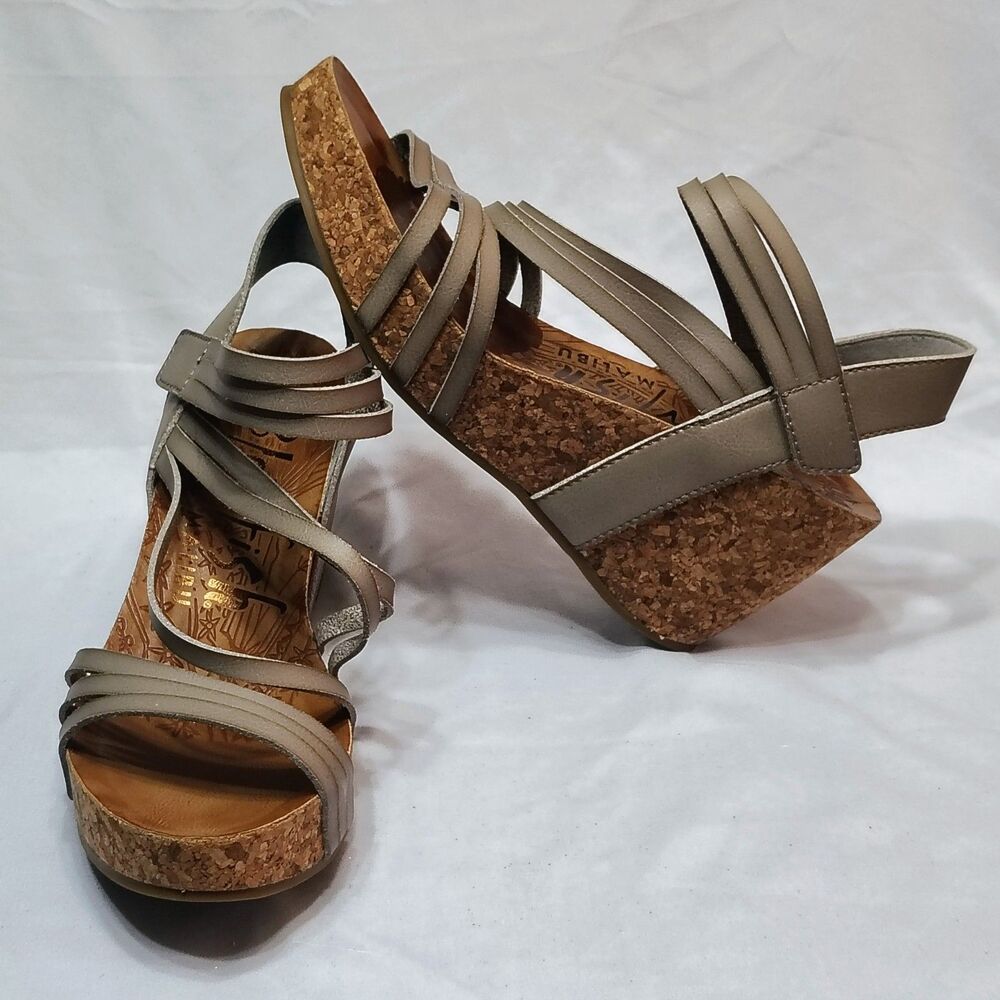 Blowfish Malibu High Heel Sandals Strapped Wedge Tan Sz 10 Boho Summer